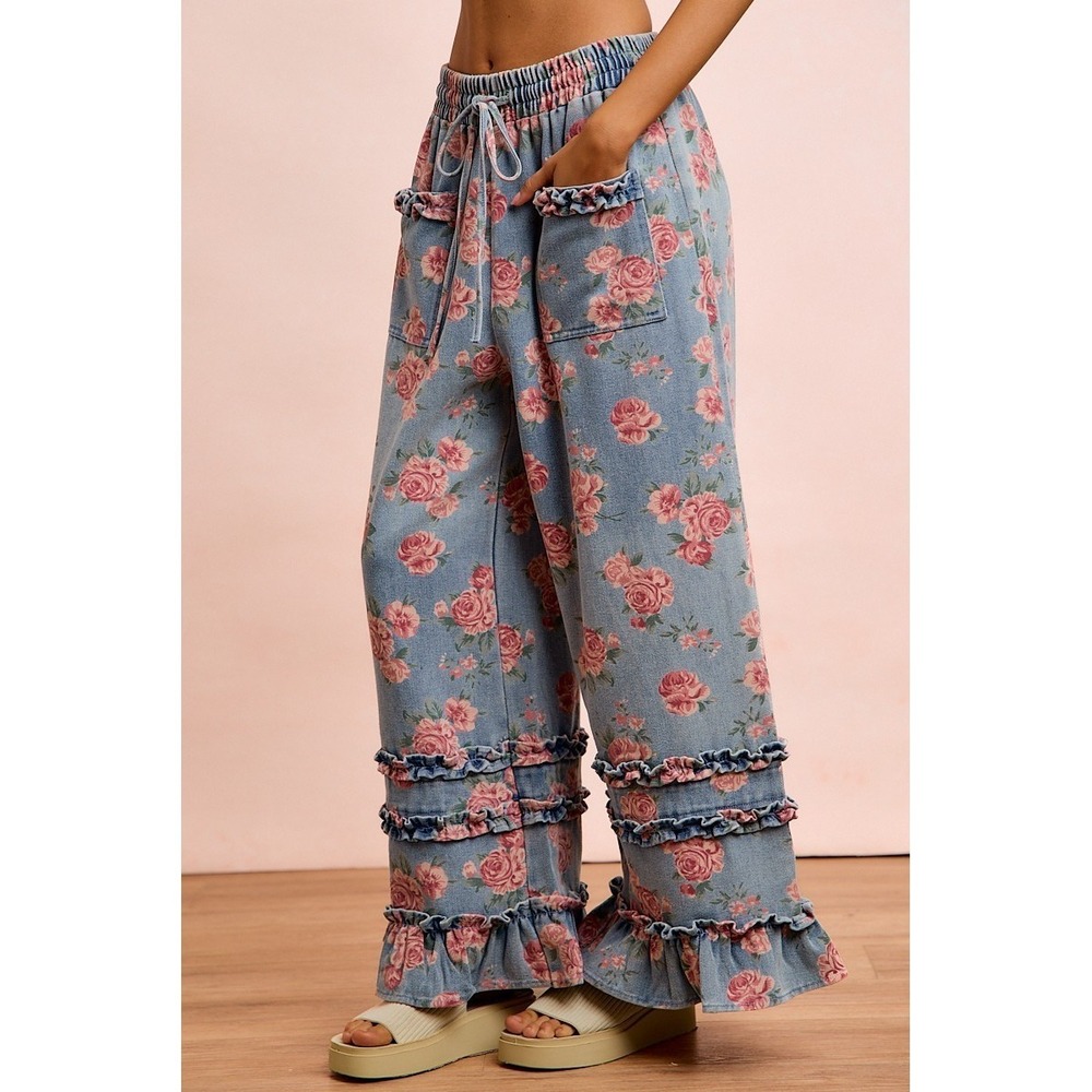 BiBi Washed Floral Denim With Ruffle Elastic Wide Pants - Small - Picture 2 of 16
